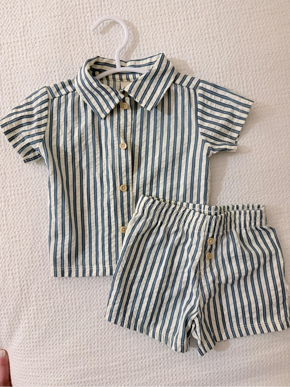 Striped Blue & White Button-Down Shirt and Shorts Set - Kids